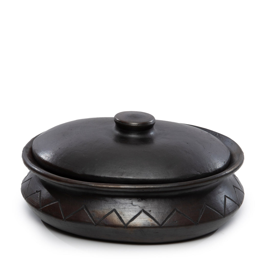 The Burned Oval Pot with Pattern - Black