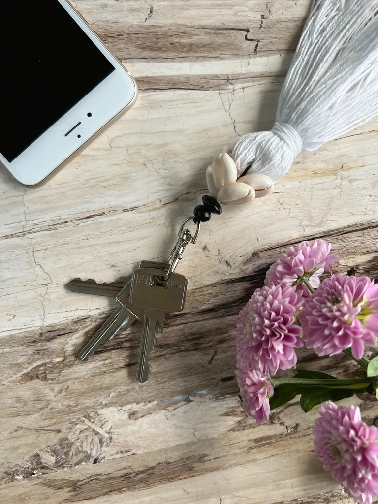 The Cowrie Tassel Keychain - White